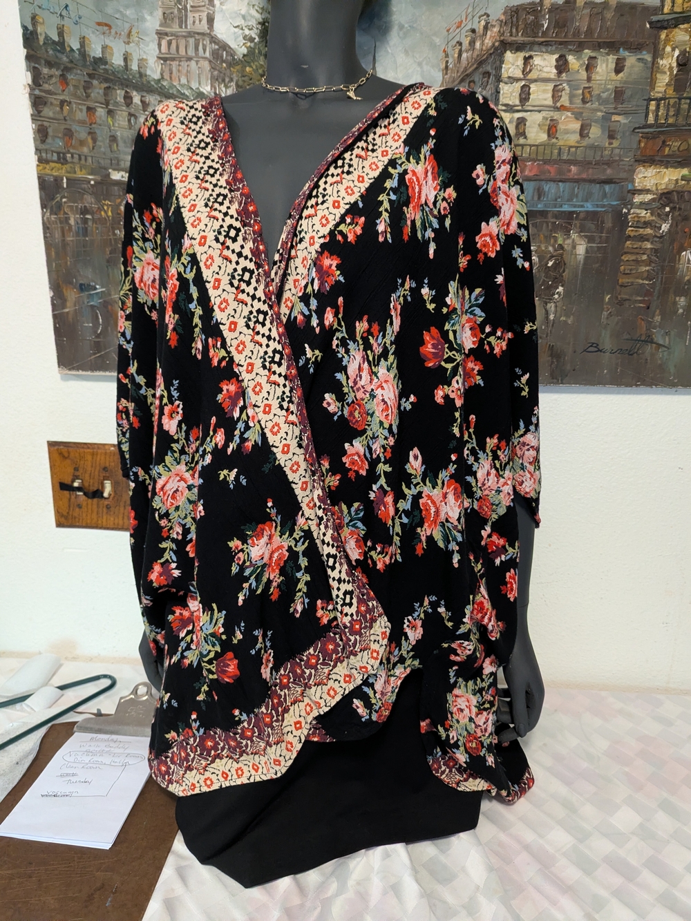 Angie Black Floral Wrap Kimono with Cream Trim